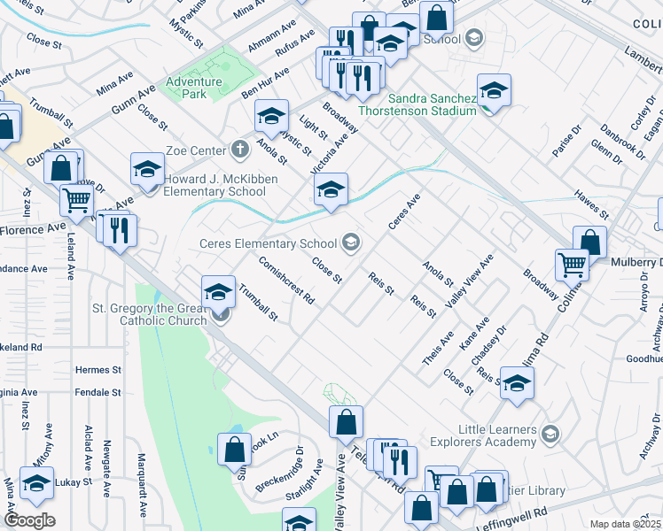 map of restaurants, bars, coffee shops, grocery stores, and more near 14235 Close Street in Whittier