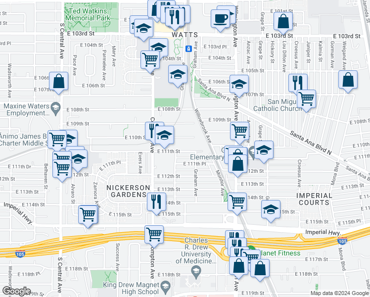 map of restaurants, bars, coffee shops, grocery stores, and more near 1673 East 111th Street in Los Angeles