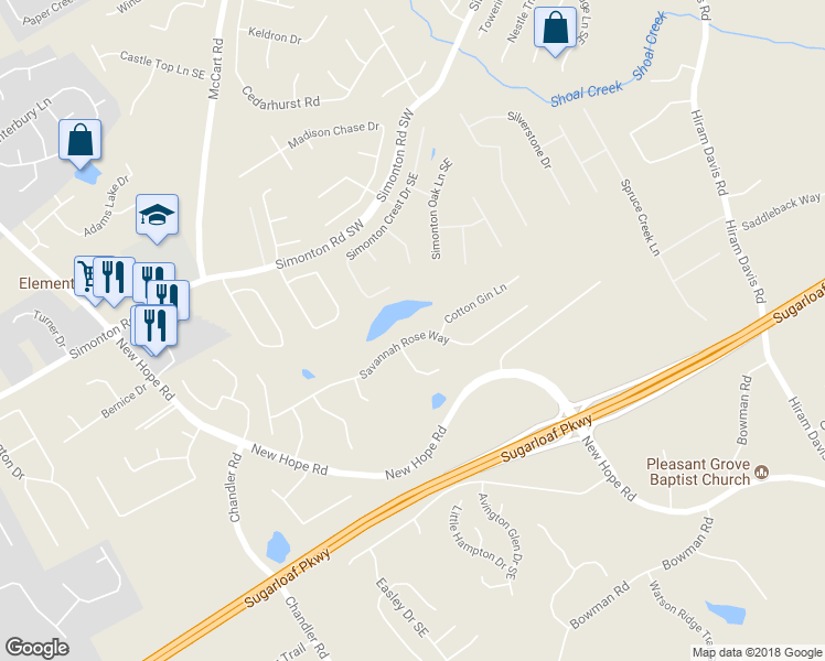 map of restaurants, bars, coffee shops, grocery stores, and more near 528 Savannah Rose Way in Lawrenceville