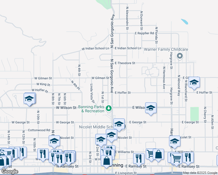 map of restaurants, bars, coffee shops, grocery stores, and more near 1065 North San Gorgonio Avenue in Banning