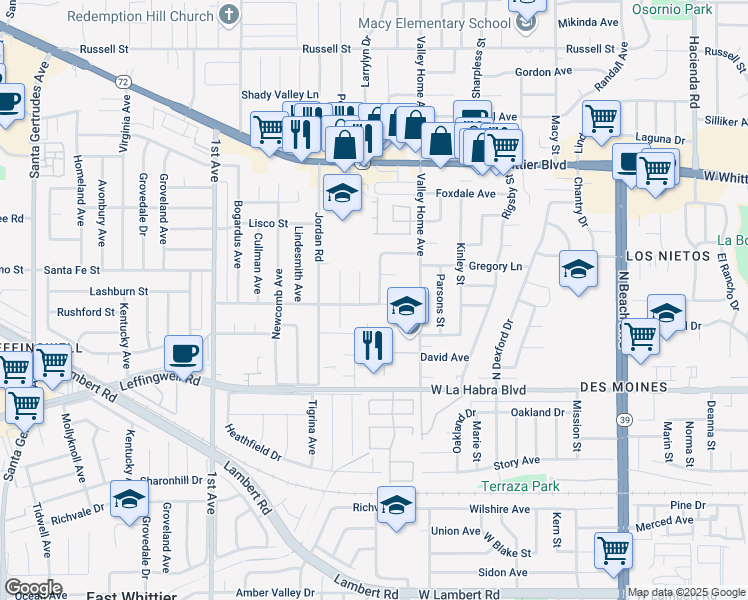 map of restaurants, bars, coffee shops, grocery stores, and more near 16502 Lashburn Street in Whittier