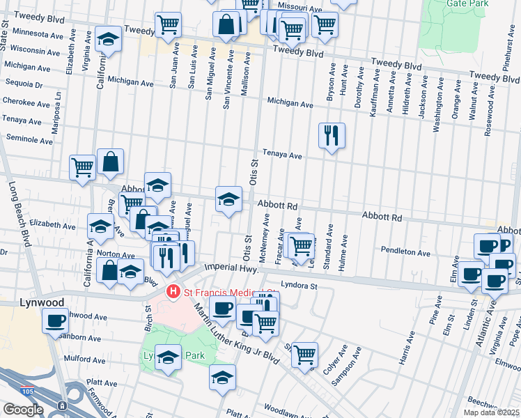 map of restaurants, bars, coffee shops, grocery stores, and more near 10760 Otis Street in Lynwood