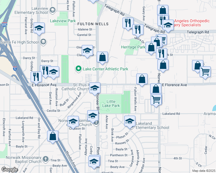 map of restaurants, bars, coffee shops, grocery stores, and more near 11850 Florence Avenue in Santa Fe Springs