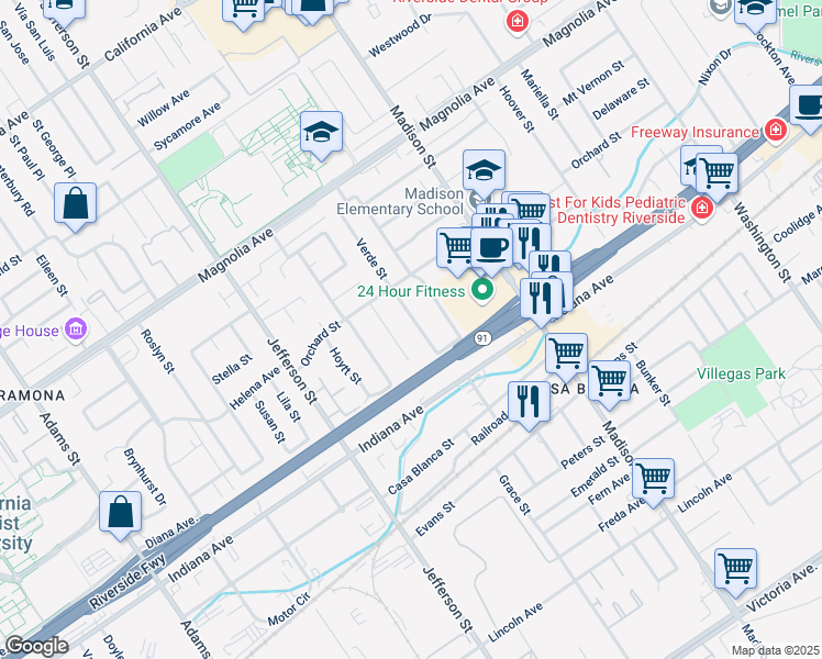 map of restaurants, bars, coffee shops, grocery stores, and more near 3524 Verde Street in Riverside