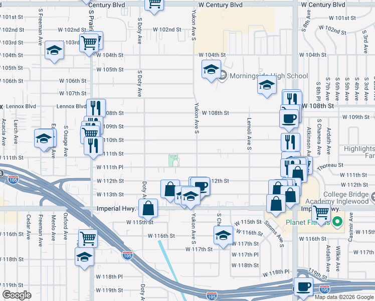 map of restaurants, bars, coffee shops, grocery stores, and more near 3617 West 111th Street in Inglewood
