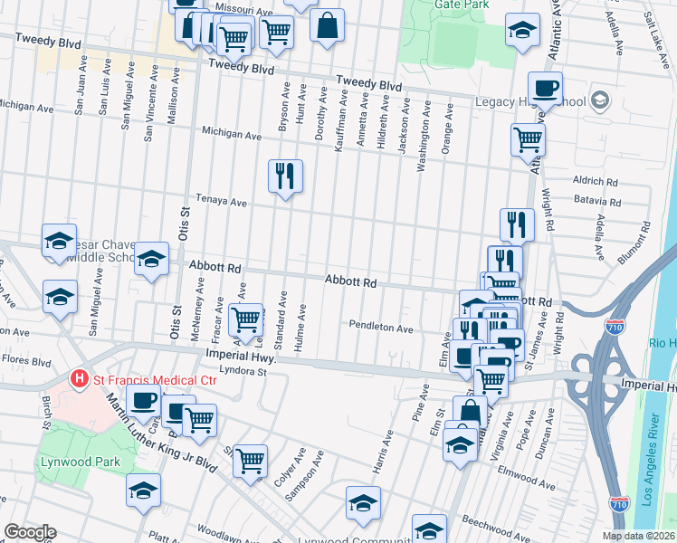 map of restaurants, bars, coffee shops, grocery stores, and more near 4647 Abbott Road in Lynwood