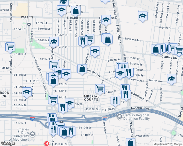 map of restaurants, bars, coffee shops, grocery stores, and more near 2279 Santa Ana Boulevard South in Los Angeles