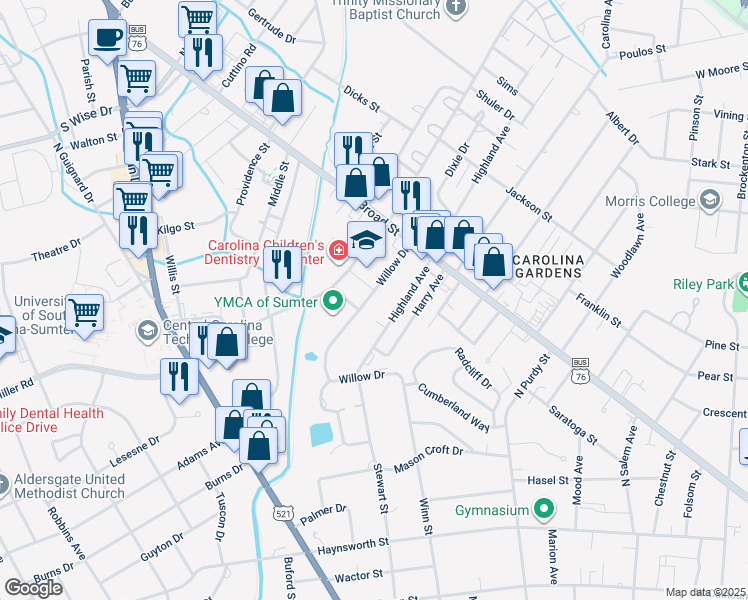map of restaurants, bars, coffee shops, grocery stores, and more near 37A Willow Drive in Sumter