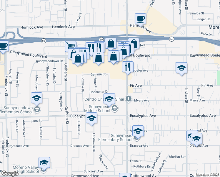 map of restaurants, bars, coffee shops, grocery stores, and more near 23950 Gamma Street in Moreno Valley