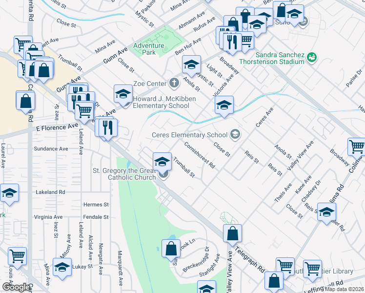 map of restaurants, bars, coffee shops, grocery stores, and more near 14076 Cornishcrest Road in Whittier