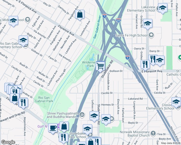 map of restaurants, bars, coffee shops, grocery stores, and more near 10939 Little Lake Road in Downey