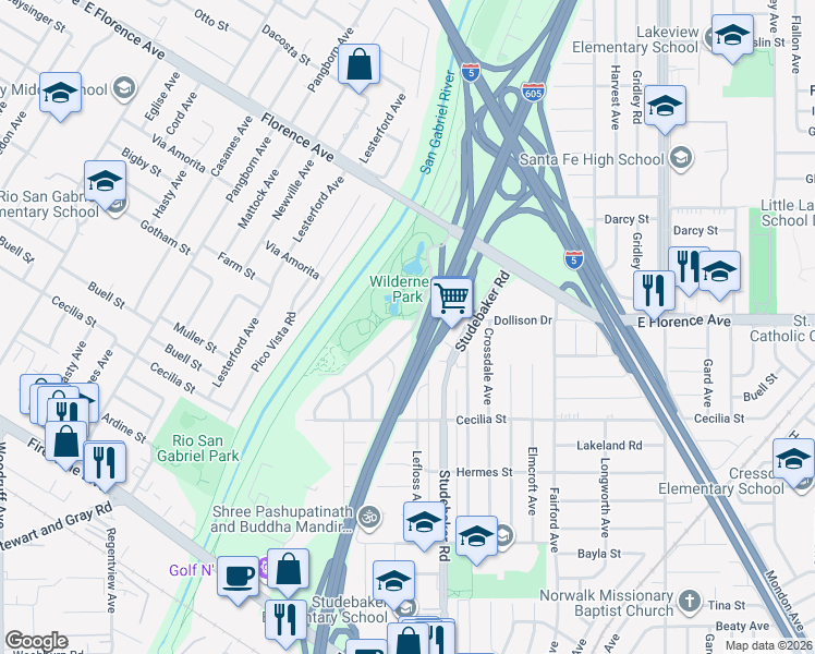 map of restaurants, bars, coffee shops, grocery stores, and more near 10917 Little Lake Road in Downey