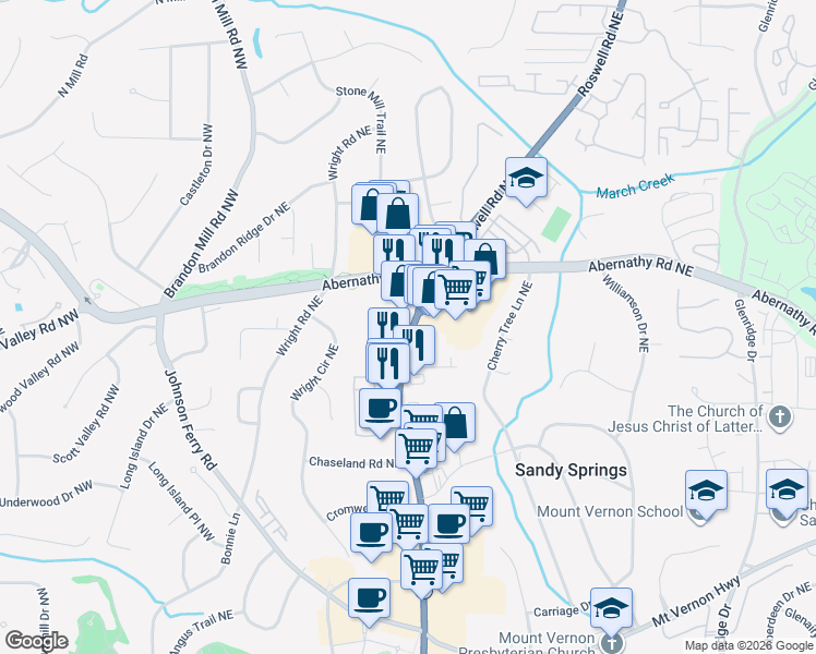 map of restaurants, bars, coffee shops, grocery stores, and more near in Sandy Springs