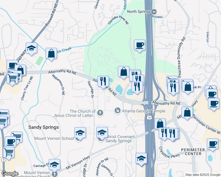 map of restaurants, bars, coffee shops, grocery stores, and more near Abernathy Rd NE in Atlanta