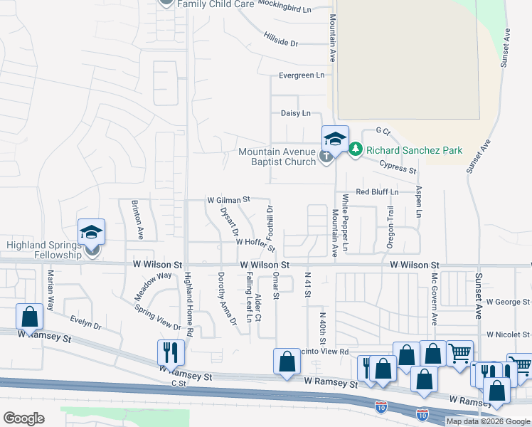 map of restaurants, bars, coffee shops, grocery stores, and more near 1181 Foothill Drive in Banning