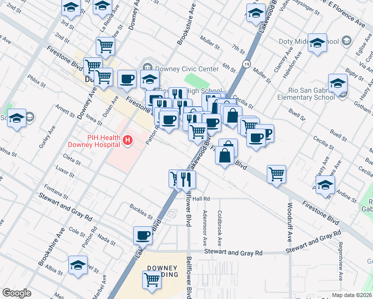 map of restaurants, bars, coffee shops, grocery stores, and more near McCahill Street in Downey