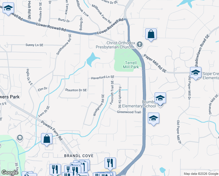 map of restaurants, bars, coffee shops, grocery stores, and more near 557 Windgrove Road Southeast in Marietta