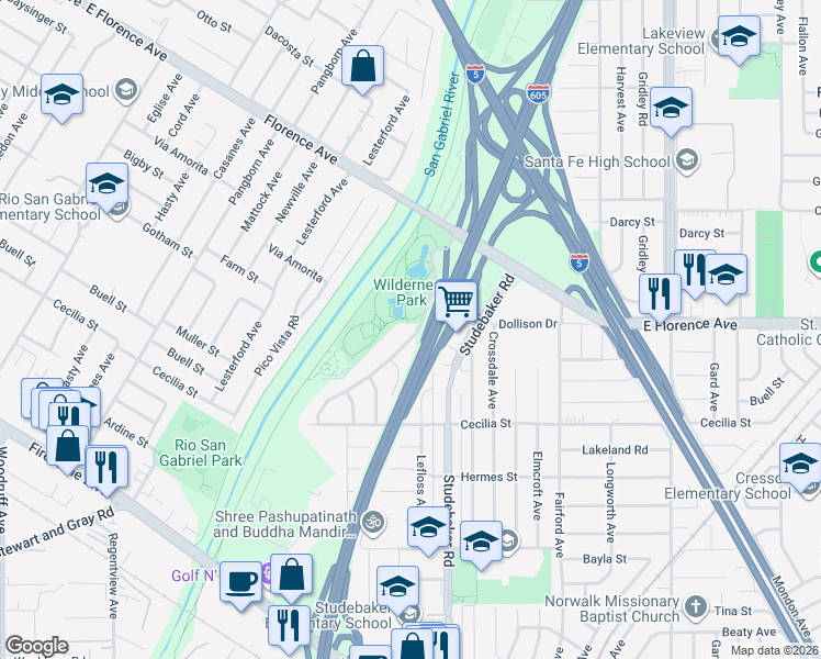 map of restaurants, bars, coffee shops, grocery stores, and more near 10939 Little Lake Road in Downey