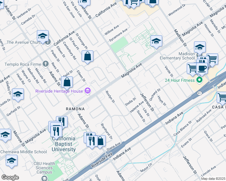 map of restaurants, bars, coffee shops, grocery stores, and more near 8040 Magnolia Avenue in Riverside