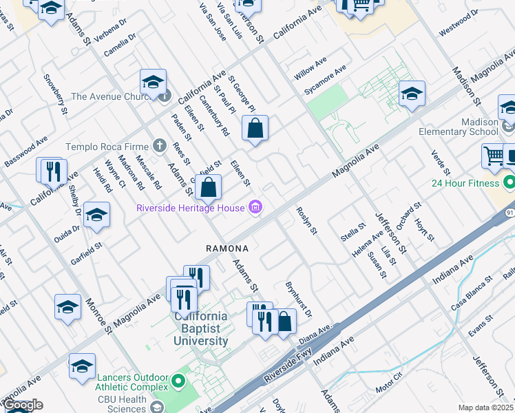 map of restaurants, bars, coffee shops, grocery stores, and more near 3827 Gates Place in Riverside