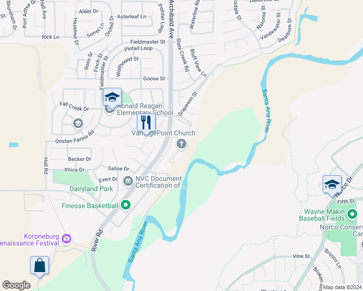 map of restaurants, bars, coffee shops, grocery stores, and more near 8500 Archibald Avenue in Corona