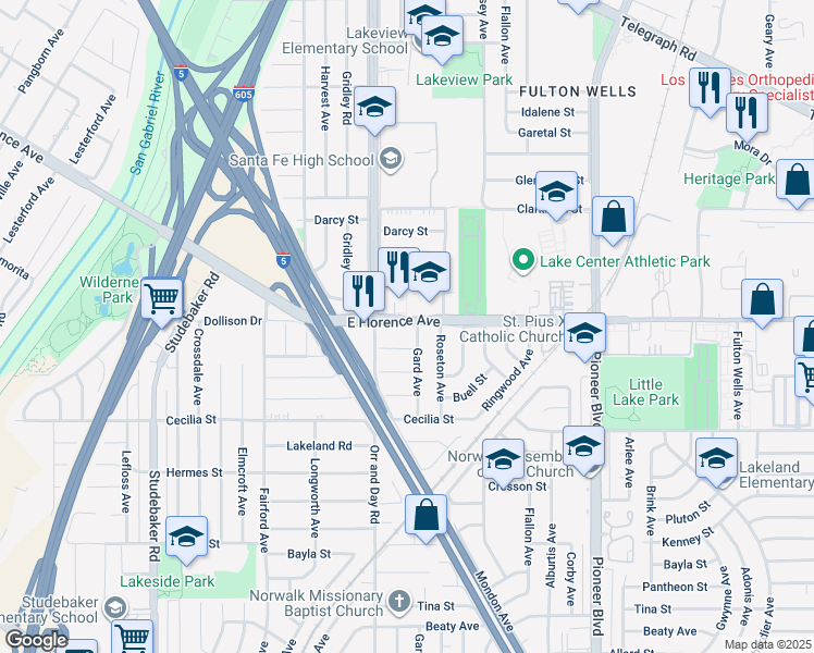 map of restaurants, bars, coffee shops, grocery stores, and more near 11443 Quinn Street in Santa Fe Springs