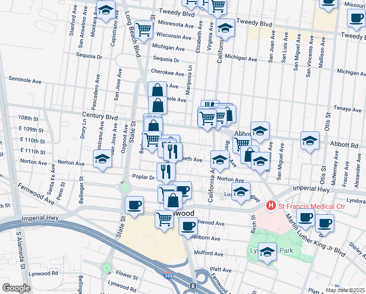 map of restaurants, bars, coffee shops, grocery stores, and more near 3365 Elizabeth Avenue in Lynwood