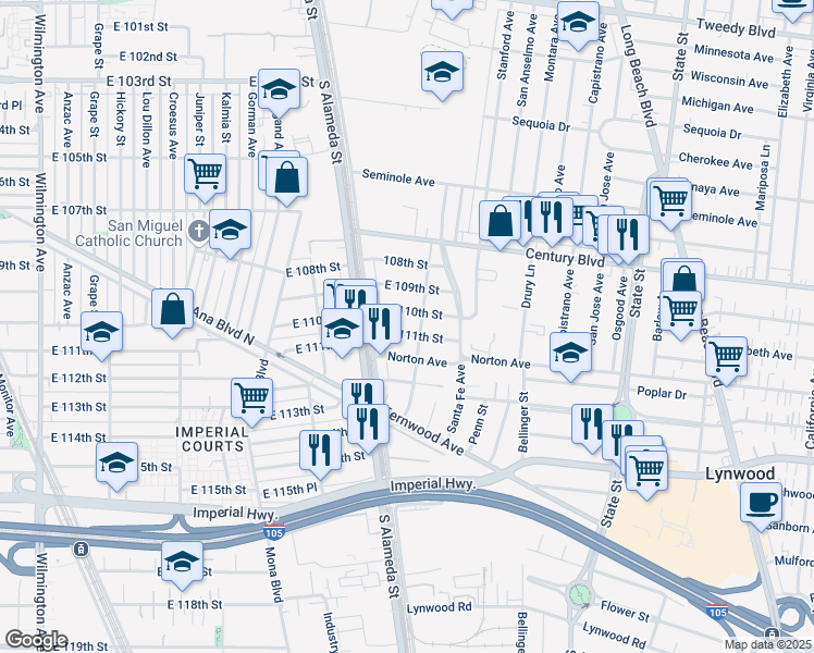 map of restaurants, bars, coffee shops, grocery stores, and more near 2700 East 111th Street in Lynwood