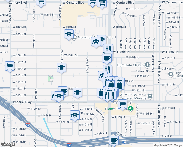 map of restaurants, bars, coffee shops, grocery stores, and more near 3218 West 111th Street in Inglewood