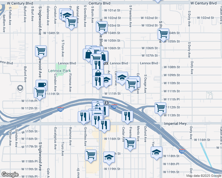 map of restaurants, bars, coffee shops, grocery stores, and more near 11191-11199 Larch Avenue in Lennox