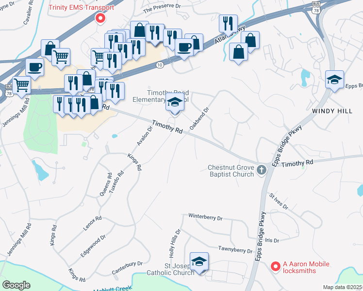 map of restaurants, bars, coffee shops, grocery stores, and more near 1785 Timothy Road in Athens