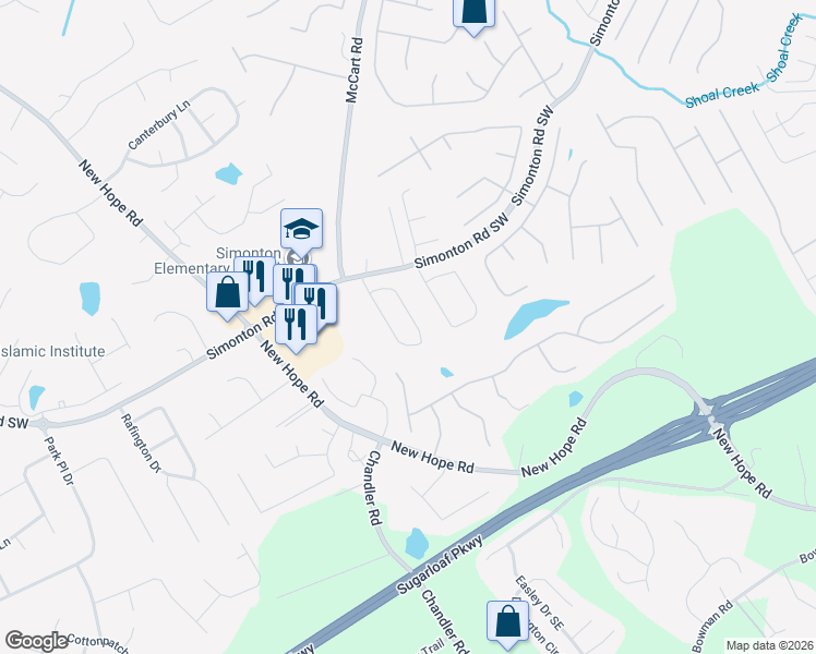 map of restaurants, bars, coffee shops, grocery stores, and more near 1142 Simonton Glen Way Southeast in Lawrenceville