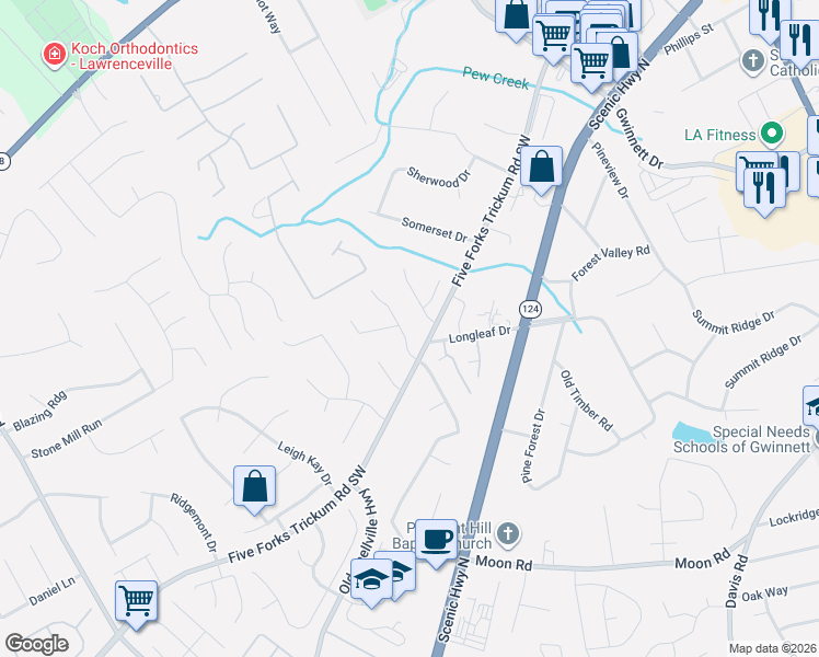 map of restaurants, bars, coffee shops, grocery stores, and more near 398 Charleston Lane in Lawrenceville
