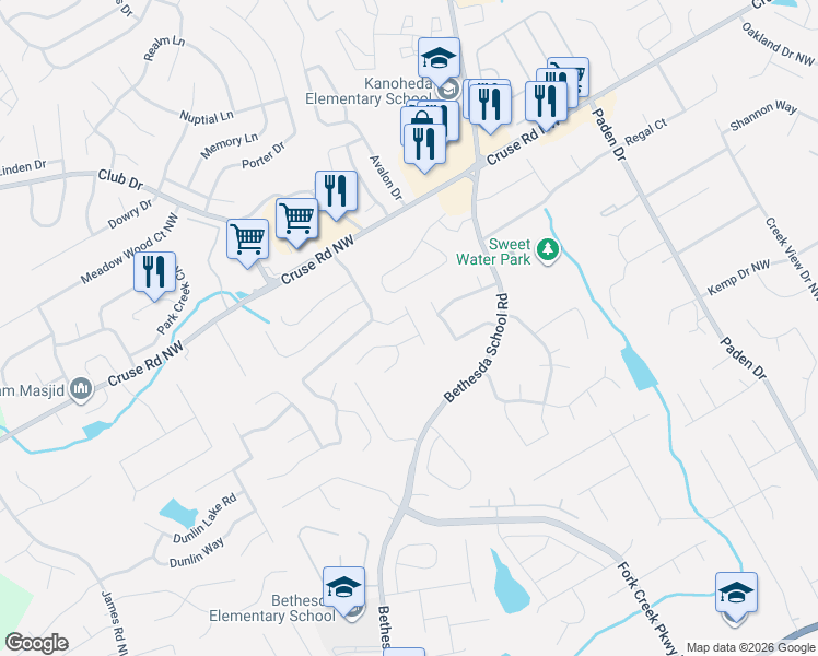 map of restaurants, bars, coffee shops, grocery stores, and more near 2768 Loral Pines Drive Northwest in Lawrenceville