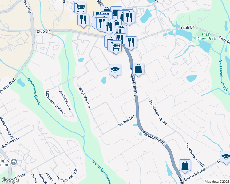 map of restaurants, bars, coffee shops, grocery stores, and more near 3871 Pleasant Oaks Drive in Lawrenceville