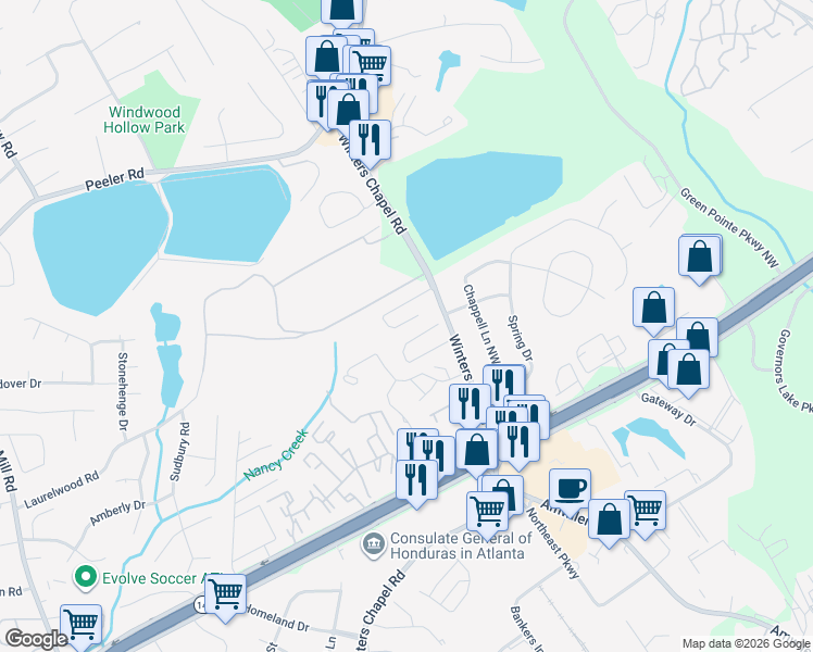 map of restaurants, bars, coffee shops, grocery stores, and more near 2842 Winterhaven Court in Atlanta