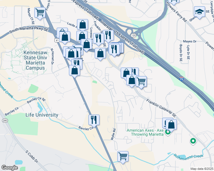 map of restaurants, bars, coffee shops, grocery stores, and more near 1605 Augusta Drive in Marietta