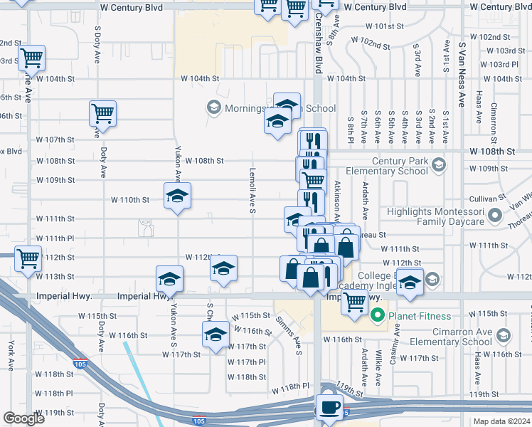 map of restaurants, bars, coffee shops, grocery stores, and more near 3239 West 111th Street in Inglewood