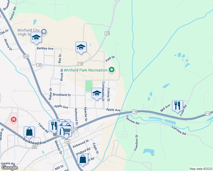 map of restaurants, bars, coffee shops, grocery stores, and more near 274 Colony Street in Winfield