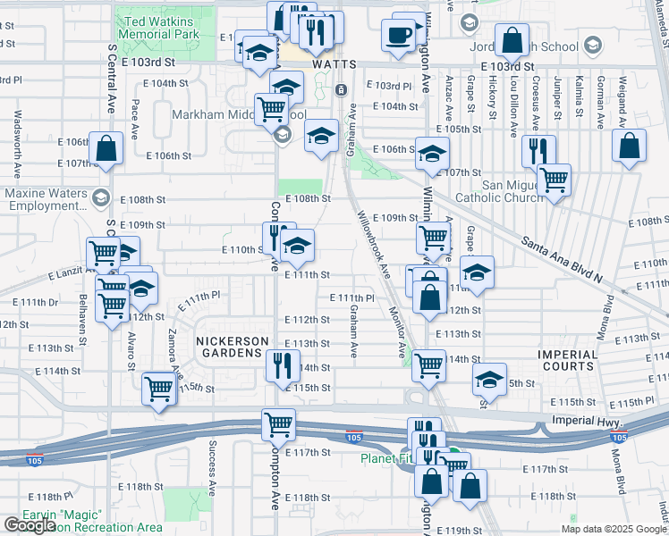 map of restaurants, bars, coffee shops, grocery stores, and more near 1673 East 111th Street in Los Angeles