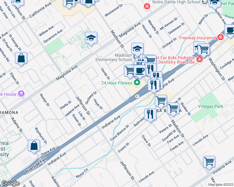 map of restaurants, bars, coffee shops, grocery stores, and more near 3524 Verde Street in Riverside