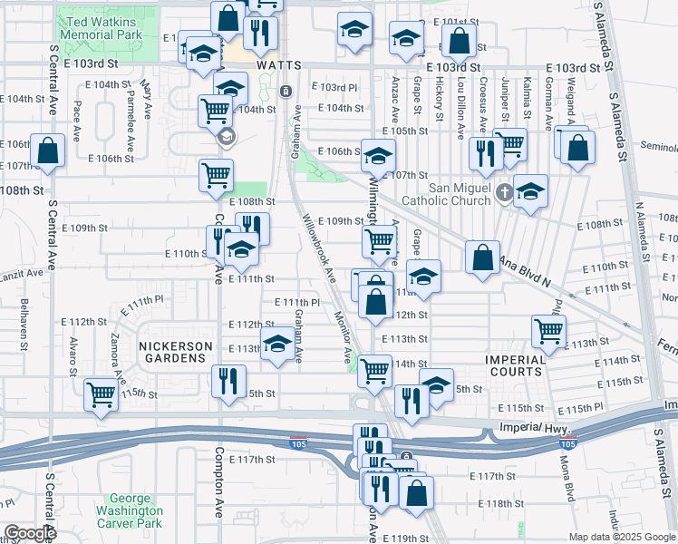 map of restaurants, bars, coffee shops, grocery stores, and more near 11026 Willowbrook Avenue in Los Angeles