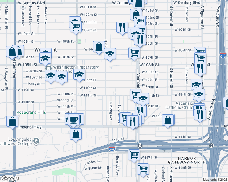 map of restaurants, bars, coffee shops, grocery stores, and more near 1120 West 110th Street in Los Angeles