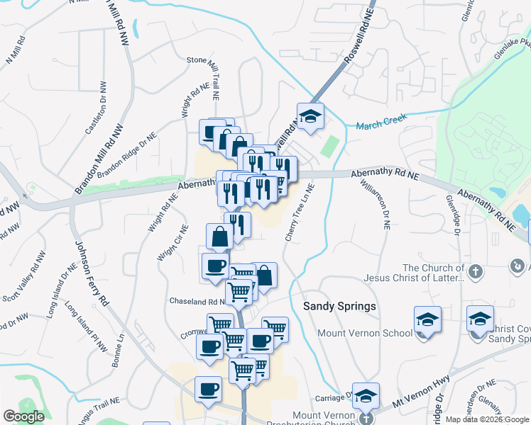 map of restaurants, bars, coffee shops, grocery stores, and more near 6569 Roswell Road in Atlanta
