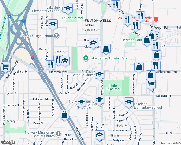 map of restaurants, bars, coffee shops, grocery stores, and more near 2 Florence Avenue in Santa Fe Springs