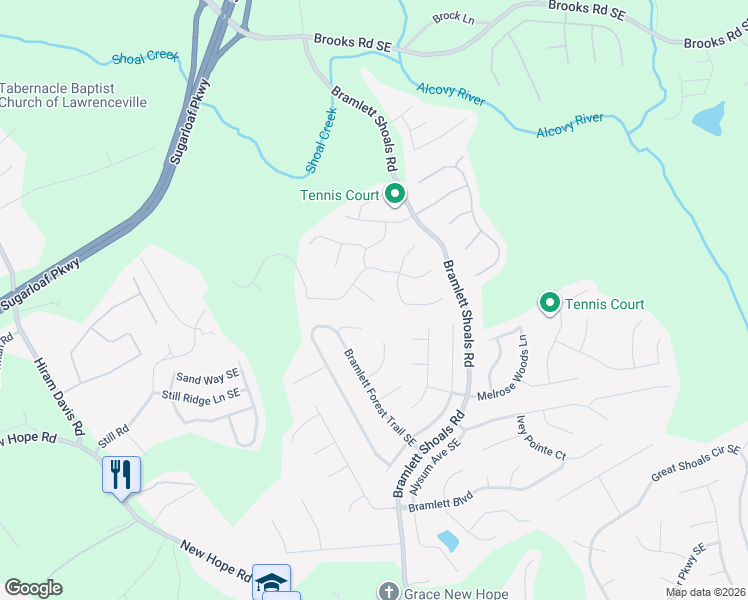 map of restaurants, bars, coffee shops, grocery stores, and more near 1346 Cartwright Lane Southeast in Lawrenceville