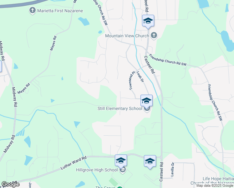 map of restaurants, bars, coffee shops, grocery stores, and more near 621 Leah Drive in Powder Springs