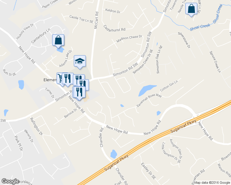 map of restaurants, bars, coffee shops, grocery stores, and more near 1139 Simonton Glen Way Southeast in Lawrenceville