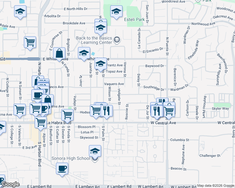map of restaurants, bars, coffee shops, grocery stores, and more near 411 Holgate Street in La Habra