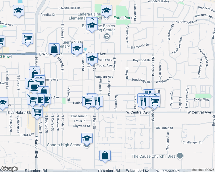 map of restaurants, bars, coffee shops, grocery stores, and more near 411 Holgate Street in La Habra